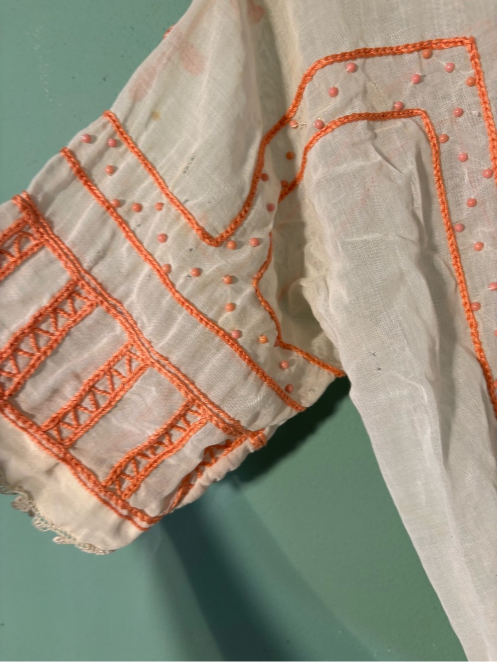 ANTIQUE Edwardian Embroidered White Peasant Blouse with Coral Beading - Picture 3 of 6